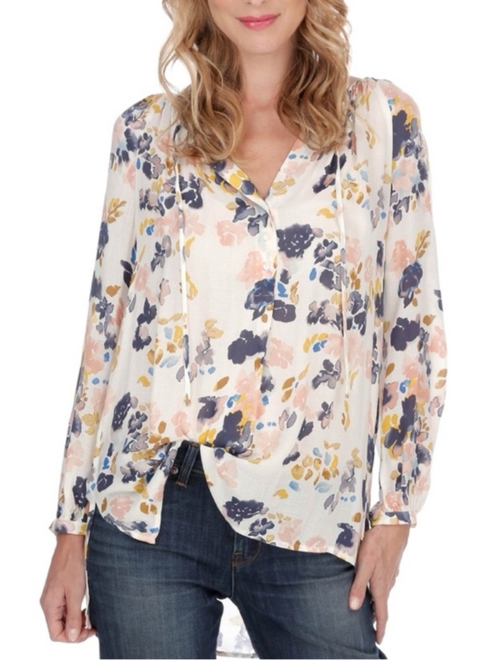 Lucky Brand Floral Boho Blouse Medium Sheer Peasant Top Cottagecore